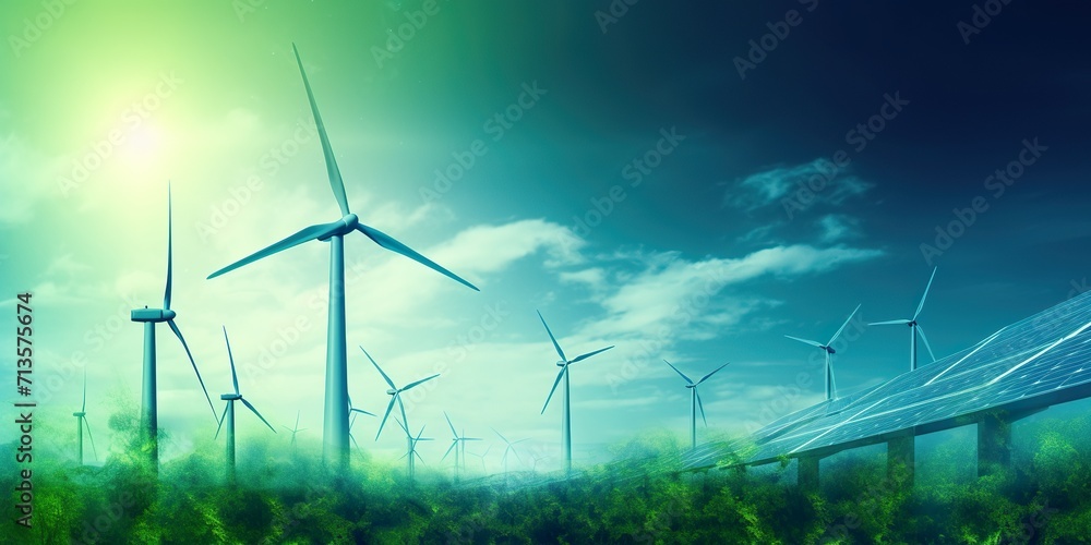 minimalistic design renewable energy background with green energy as wind turbines and solar panels,