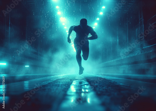 A sports person jumping in an empty stadium. In the midst of darkness, a determined man defies the rain as he runs with unwavering resolve.
