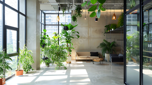 Um espaço de escritório moderno com design minimalista apresenta grandes janelas do chão ao teto que permitem a entrada abundante de luz natural photo