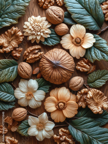 Almonds and walnuts on white background. A wooden table adorned with an abundance of flowers and leaves, creating a vibrant and natural display.