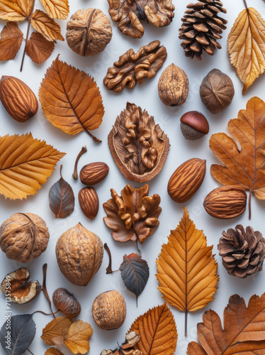 Almonds and walnuts on white background. Discover a delightful assortment of leaves and nuts showcasing a stunning array of colors and textures.