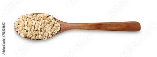 Wooden spoon with raw pearl barley isolated on white, top view