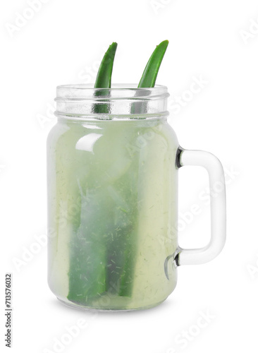 Tasty aloe juice and cut leaves in mason jar isolated on white