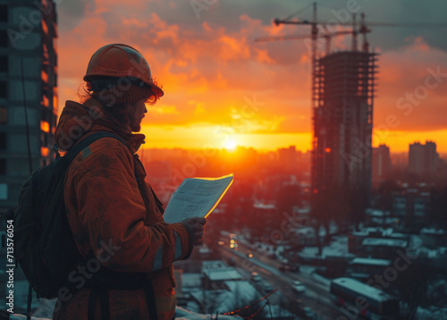 Building construction with man taking notes. A man stands atop a towering building, holding a piece of paper aloft.