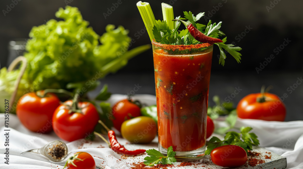 Bloody mary cocktail, in plain elegant high dewy glass, garnished with celery sprig, herbs and chilli pepper Bloody mary cocktail, in plain elegant high dewy glass, garnished with celery sprig, herbs and chilli pepper