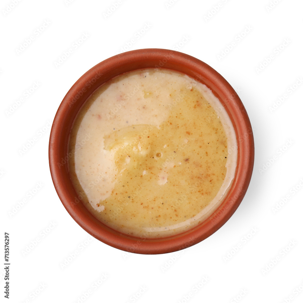 Delicious turkey gravy in bowl isolated on white, top view Delicious turkey gravy in bowl isolated on white, top view