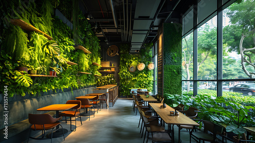Um espaço moderno decorado com vegetação exuberante traz uma sensação de tranquilidade para a paisagem urbana movimentada photo
