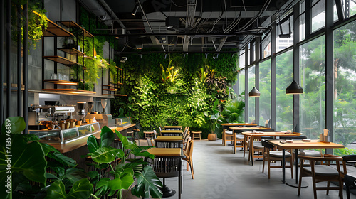 Um espaço moderno decorado com vegetação exuberante traz uma sensação de tranquilidade para a paisagem urbana movimentada photo
