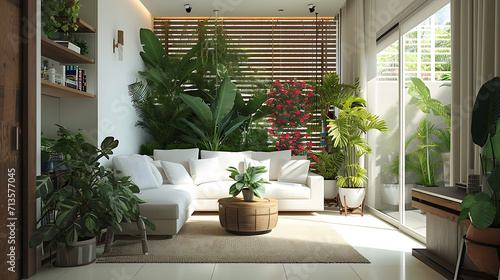 Um moderno apartamento urbano é transformado em um oásis exuberante com plantas verdes em vasos e flores floridas enfeitando cada canto
