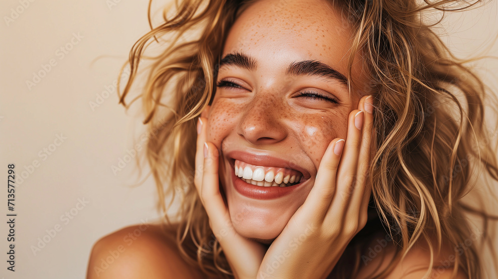 Beautiful girl with hands on her face smiling on a white background Beautiful girl with hands on her face smiling on a white background
