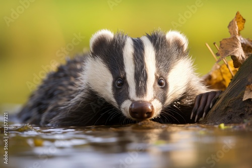 Badger in Water Holding Leaf in Mouth