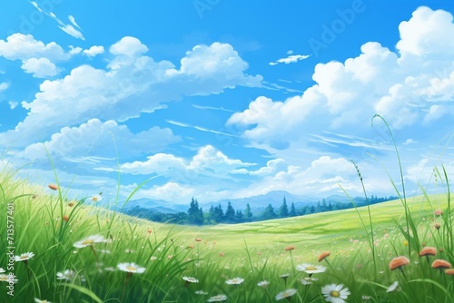 Vibrant meadow with tall grass  blossoms  azure sky. Scenic backdrop with room for text. Generative AI