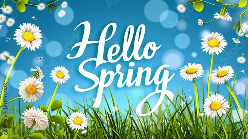 hello spring word on a crisp spring background with grass, dandelion, and daisies