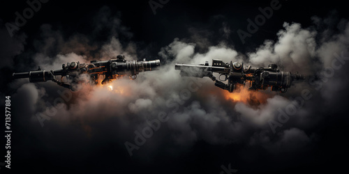 two black refile in the fire and smoke dark background, defense material, dangerious and powerful weapon with smoke in the dark background