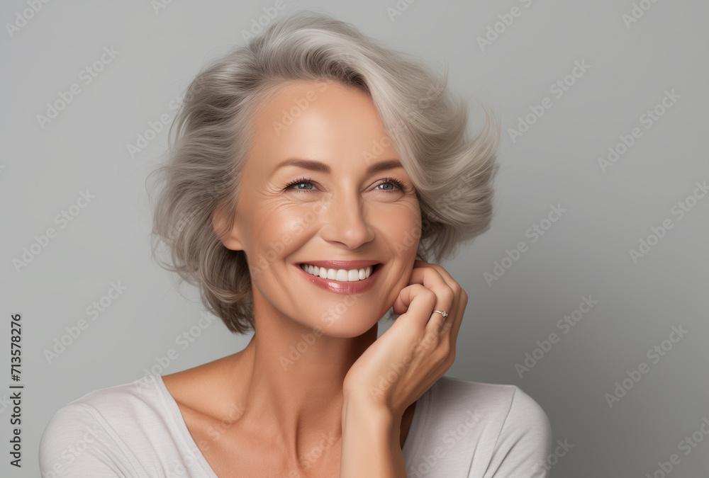 Stylish beauty older woman with gray hair on a gray background Stylish beauty older woman with gray hair on a gray background