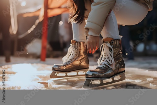 child tying ice skates, preparing for outdoor ice hockey