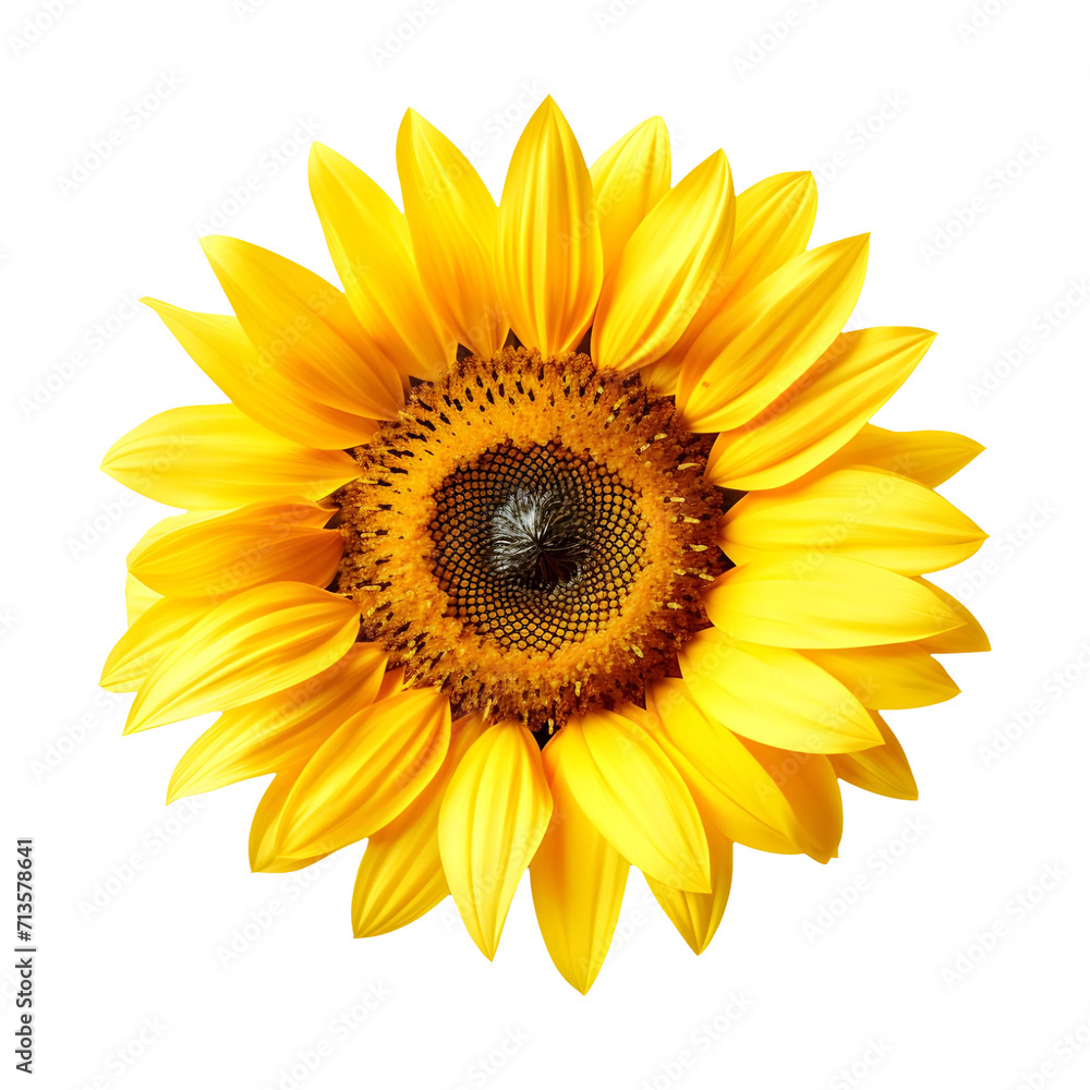 Fototapeta premium Yellow sunflower top view isolated on white and transparent background