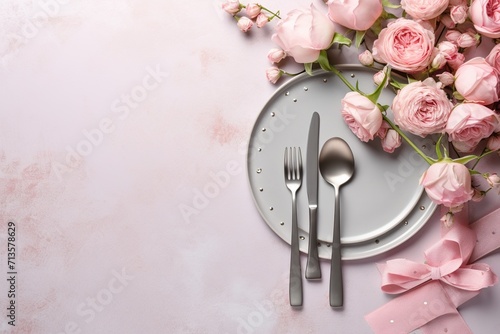 Table decor concept for Mother's Day. Flat lay photo of circle plate cutlery knife fork fabric napkin flowers pink peony rose buds and small hearts baubles on white background with empty, photo