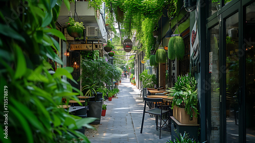 Uma rua estreita da cidade é alinhada com cafés e lojas modernas suas fachadas adornadas com vegetação exuberante e plantas pendentes photo