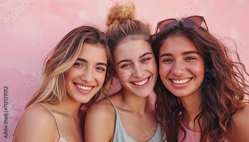 Joyful Trio, Three Friends Sharing a Laugh Against Pink Backdrop - Women's Day 