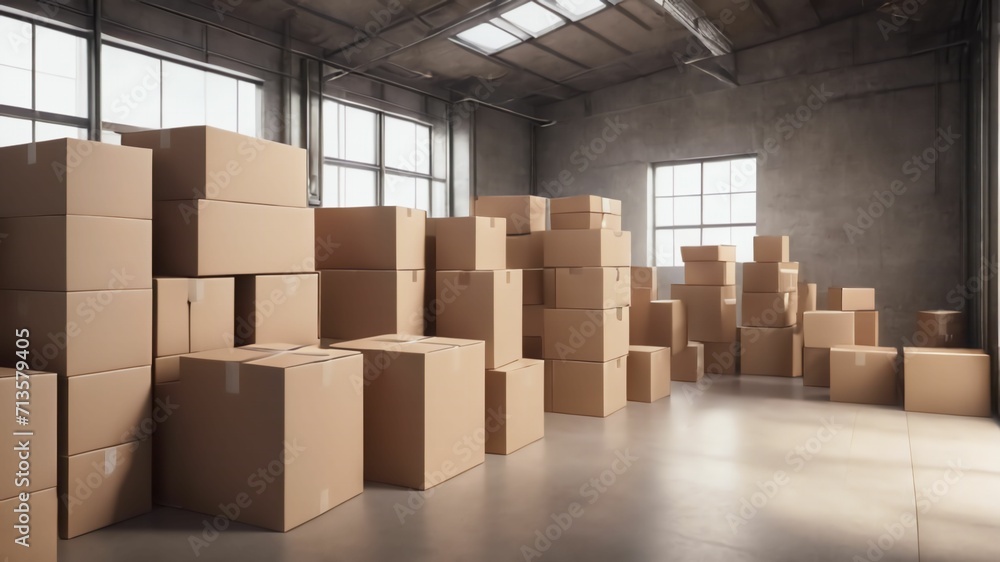 Large industrial warehouse with high racks. In the foreground are a lot of cardboard boxes.Ai generative Large industrial warehouse with high racks. In the foreground are a lot of cardboard boxes.Ai generative