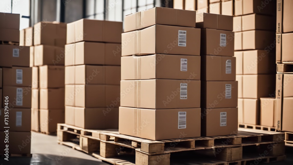 Large industrial warehouse with high racks. In the foreground are a lot of cardboard boxes.Ai generative Large industrial warehouse with high racks. In the foreground are a lot of cardboard boxes.Ai generative