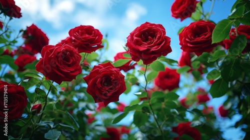 red roses in the garden blue sky in the background