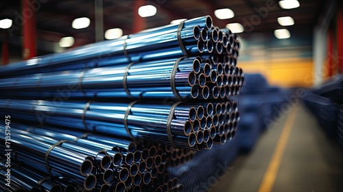 blue steel pipes in a warehouse or factory with a blurry background. Generative AI	 photo