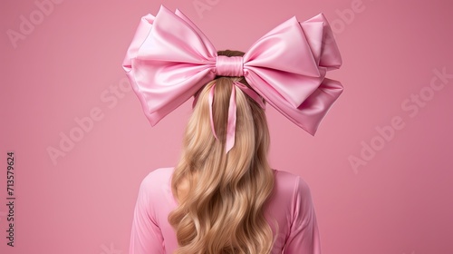a woman's hair with a large pink  bow pink background. Generative AI  photo