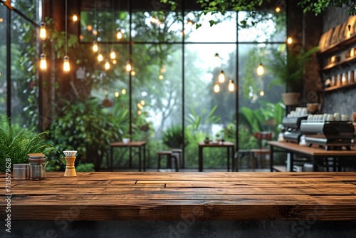 Wooden board empty Table Top And Blur stylish interior over blur in coffee shop Background, Mock up for display of product © sisir