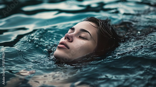 Mental well-being, a serene, melancholic woman drifting in water, and indifference