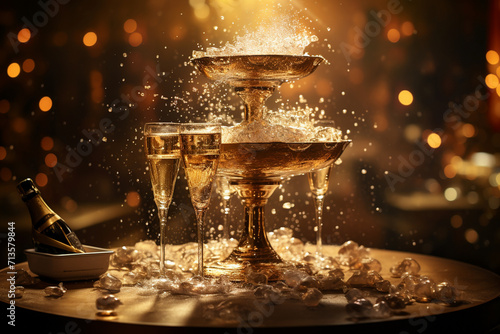 An elegant champagne tower with cascading bubbles, surrounded by golden glitter, creating a luxurious spectacle on a shimmering gold background.
