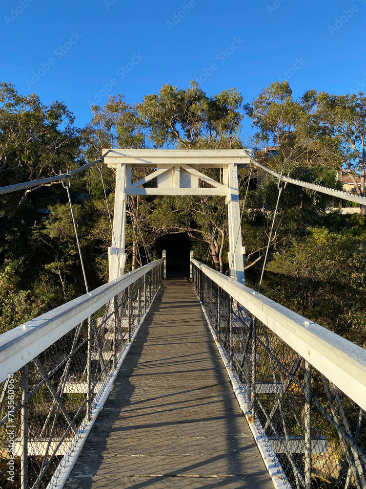 Bridge over the river in forest. Structure of a pedestrian bridge on a sunny day. White gate and fenced walkway between two banks. Bridge over the river in forest. Structure of a pedestrian bridge on a sunny day. White gate and fenced walkway between two banks.