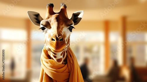 Cute giraffe wearing knitted scarf on neck. Portrait of funny animal in the office. Generative AI