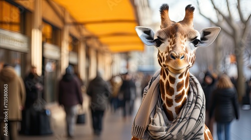 Cute giraffe wearing knitted scarf on neck. Portrait of funny animal in the city crowd. Generative AI   © anna