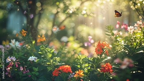 Um jardim tranquilo repleto de flores e folhagem coloridas banhado pelo sol com borboletas e uma suave brisa carregando o doce cheiro das flores photo