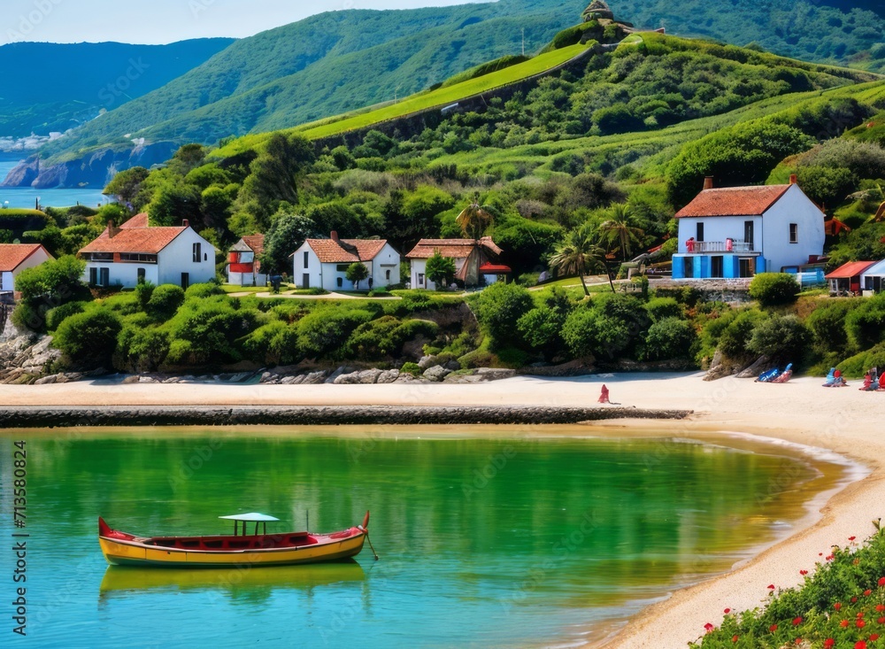 Picturesque Coastal Settlement Adorned with Brightly Hued Boats and Animated Seaside Life