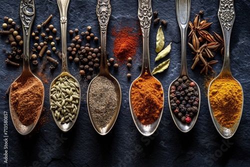 Variety of Spices in a Line of Filled Spoons