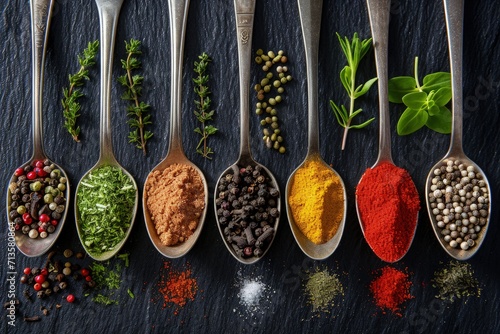 Assorted Spices in Spoon Rows