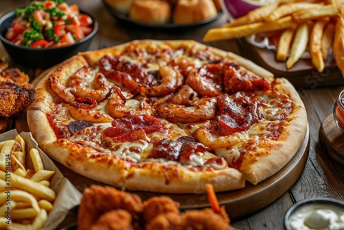 Pizza With Shrimp and French Fries