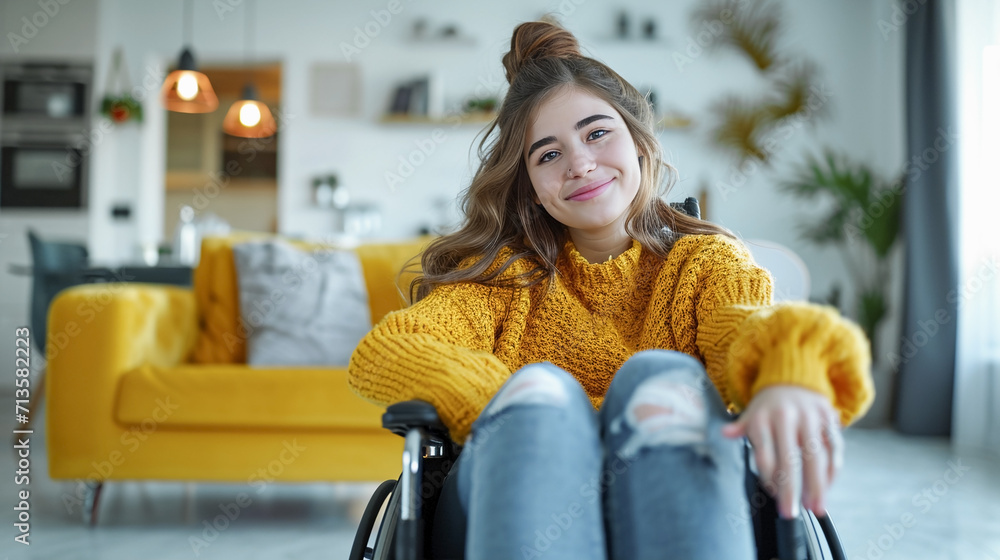 Happy girl with disability sitting in wheelchair at home.
Happy girl with disability sitting in wheelchair at home.