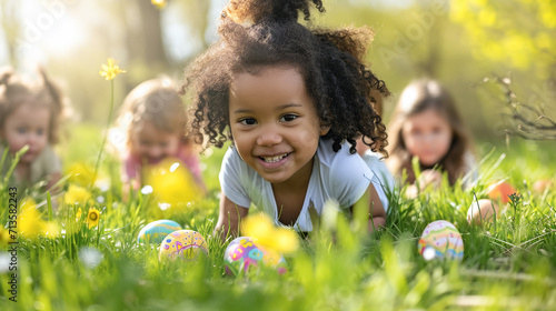 Multiethnic little children hunting for painted eggs in spring park on Easter day, celebrate easter, happy easter day photo