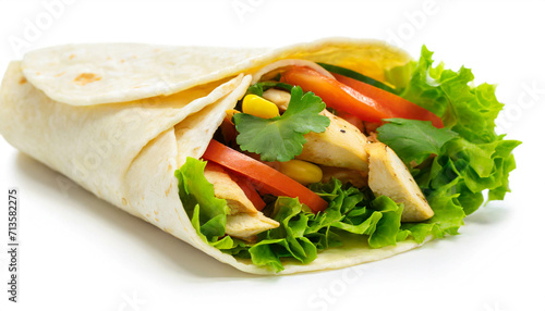 Tortilla wrap mit Hänchen , gemüse und Salat isoliert auf weißen Hintergrund, Freisteller 