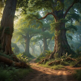 Tranquil forest covered with mystical old trees. Generative ai