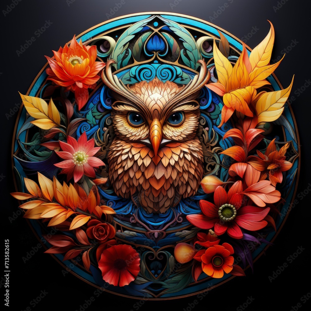 Mystical Wisdom & Nature's Harmony: The Owl and Floral Mandala Wall Art Collection, AI-Generated