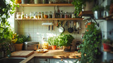 Uma cozinha rústica repleta de exuberantes plantas verdes e produtos orgânicos banhada em uma luz natural e calorosa