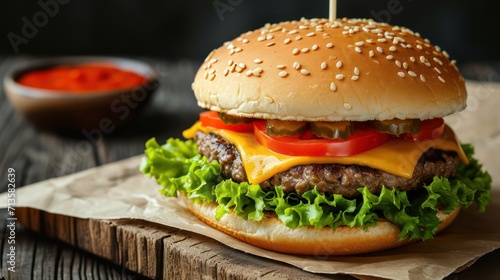 Fast food image featuring a hamburger with beef, tomato, lettuce, cheese, and onion, accompanied by copy space