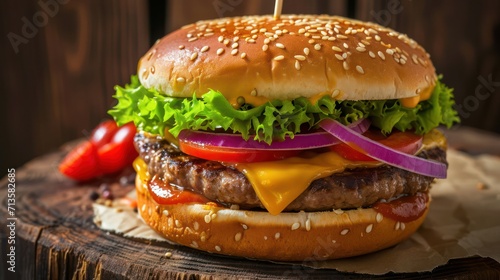 Hamburger with beef, tomato, lettuce, cheese, and onion. Fast Food with copy space