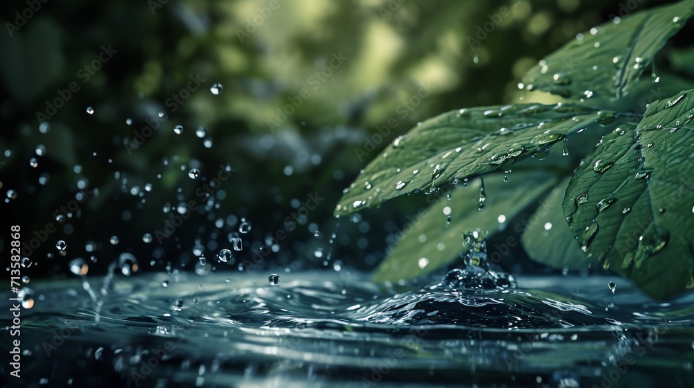 A surreal depiction of water droplets floating above a leaf, defying gravity, in a serene woodland setting. 8k - obrazy, fototapety, plakaty 