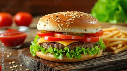 Fast food composition showcasing a hamburger with beef  tomato  lettuce  cheese  and onion  with room for additional text or design